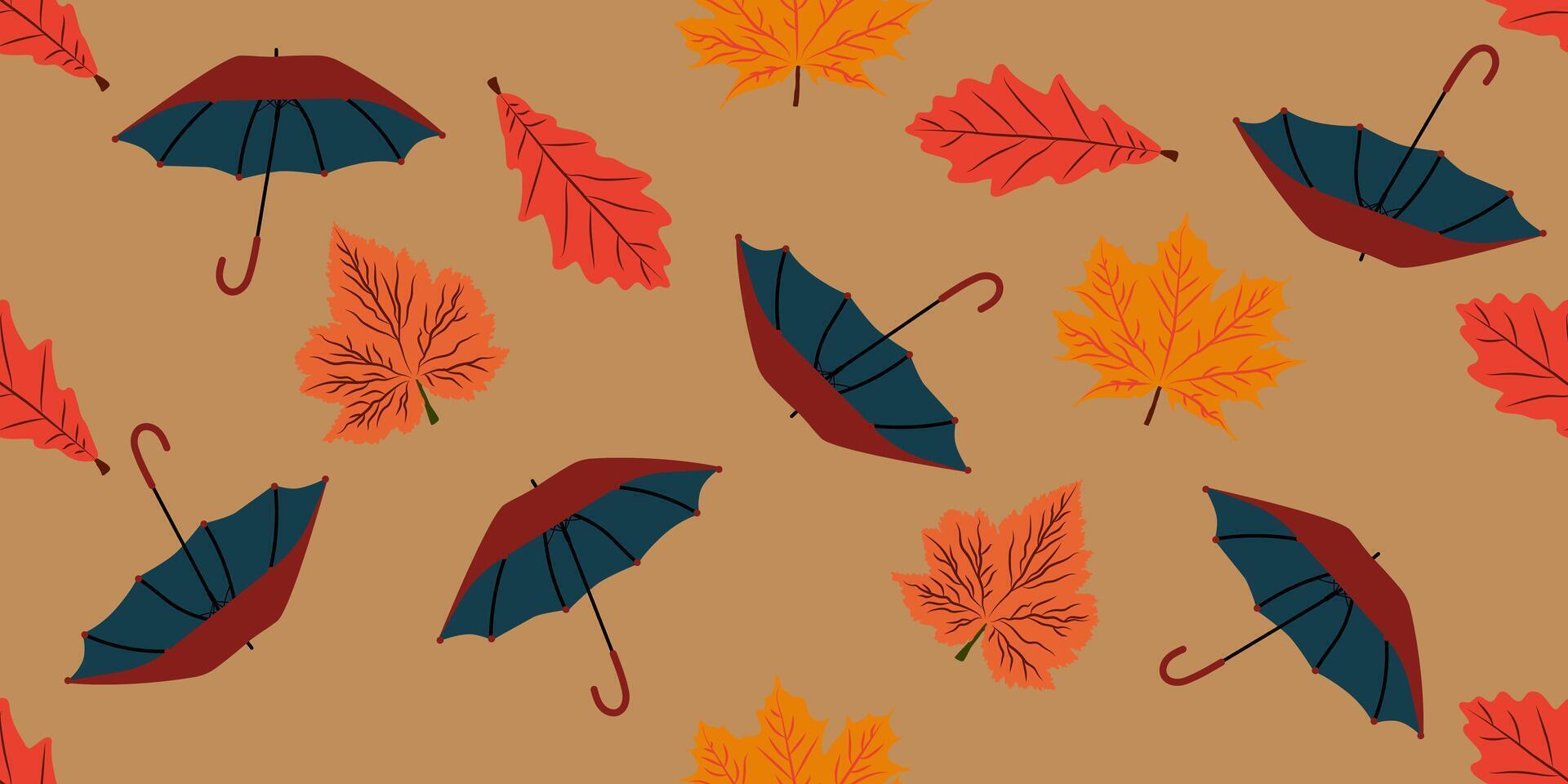 Autumn seamless pattern with various leaves and an umbrella on a light background vector