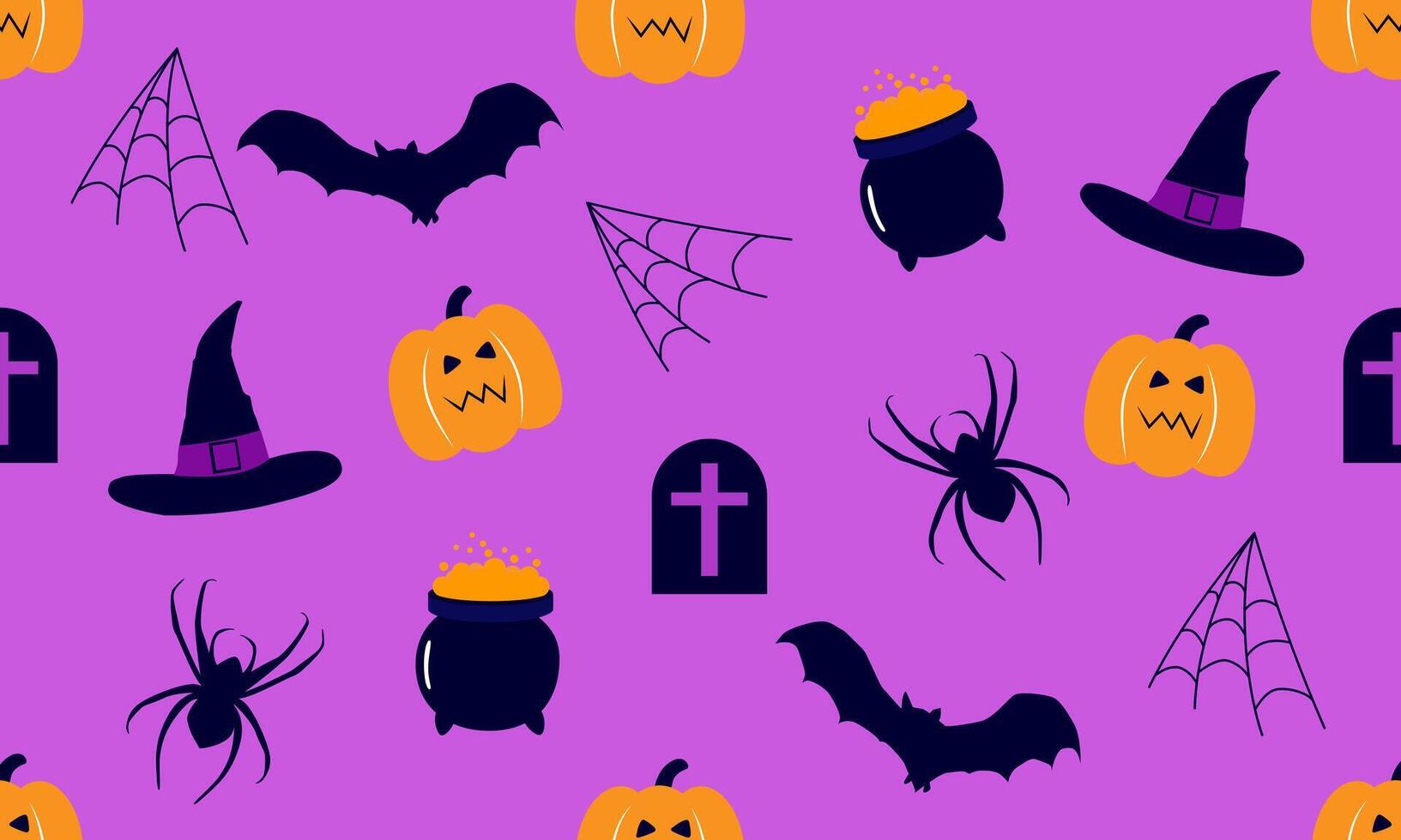 A seamless Halloween pattern featuring pumpkins, witch hats, cobwebs, spiders, and tombstones on a purple background vector