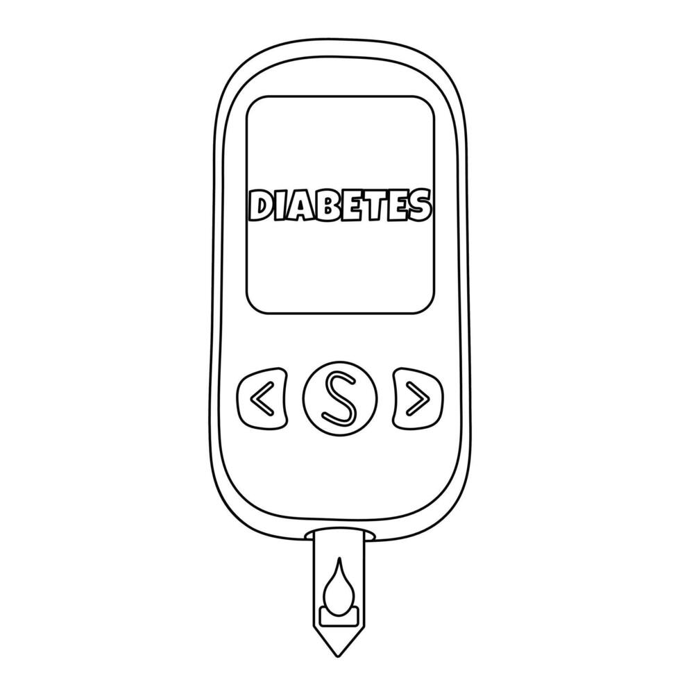 Coloring page with outline drawing of blood glucose meter, or closeup glucometer, with diabetes text and blood droplet on test strip. For entertaining kids, diabetes mellitus black and white design. vector