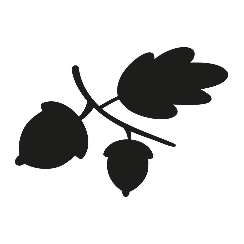 Oak branch silhouette with acorns. Autumn forest plant vector