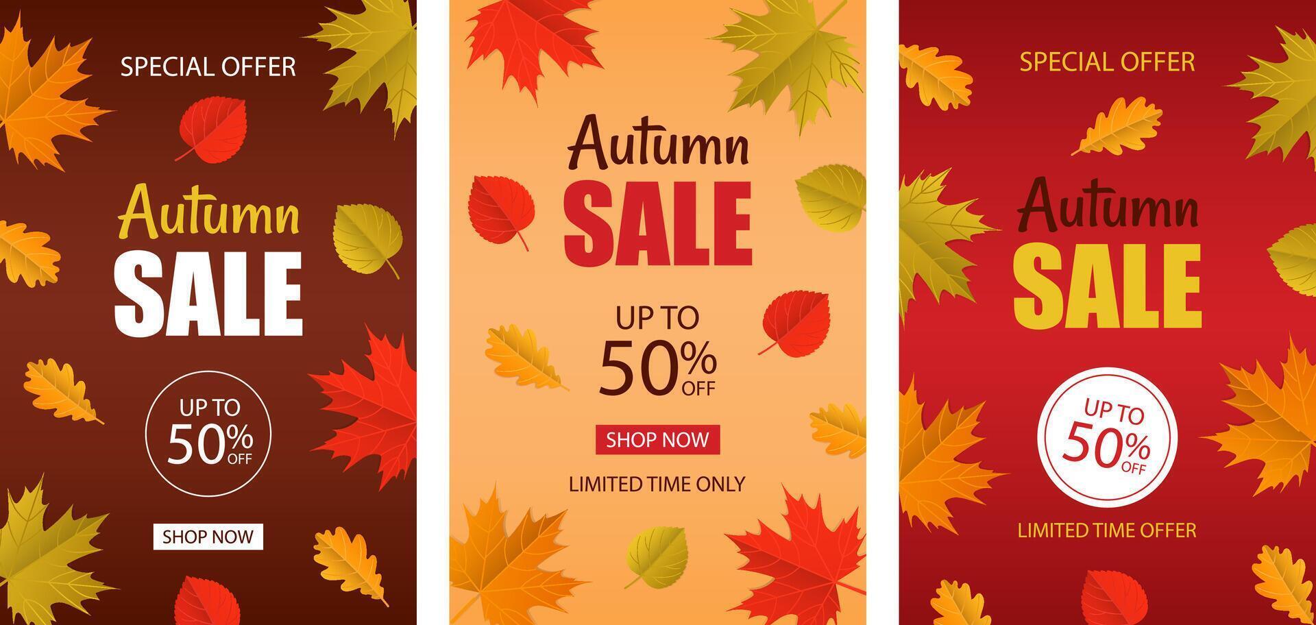 Set of posters, banners of autumn sale. illustration with autumn leaves. Templates for advertising, web, social networks vector