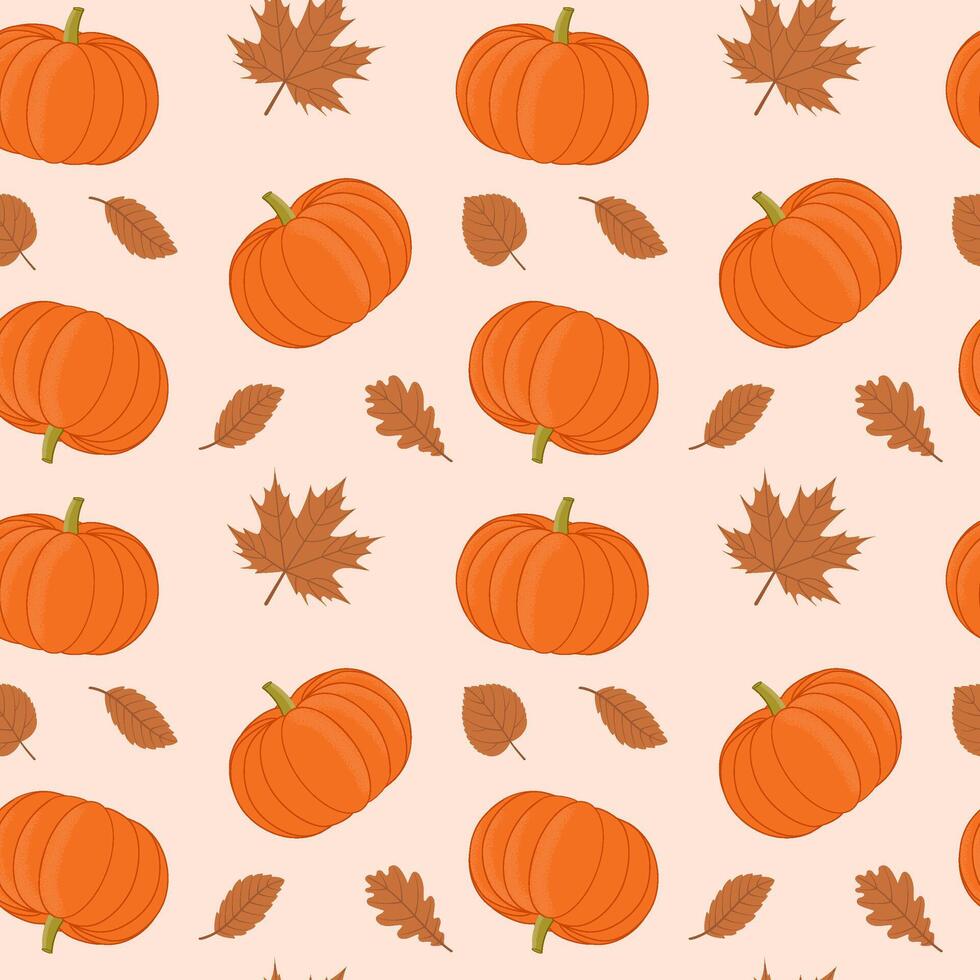 Seamless repeating autumn pattern with pumpkins on white background for fabric, wallpaper, printed products, packaging. illustration. vector