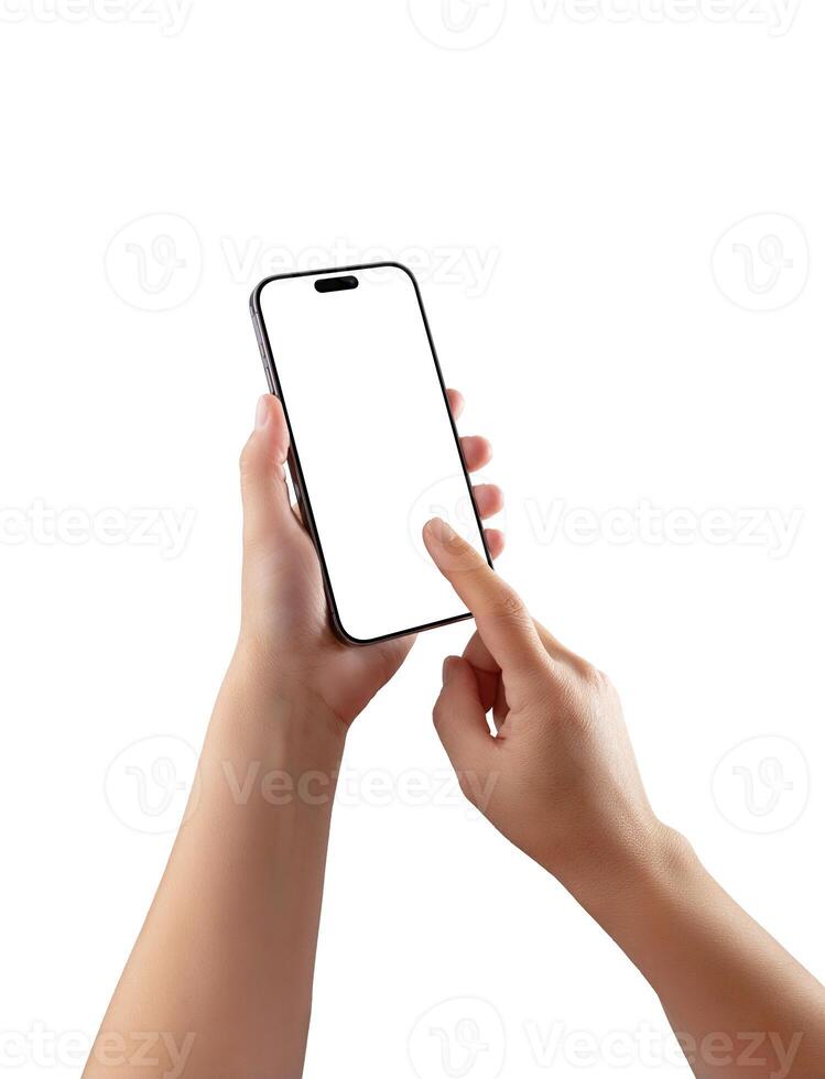 Two hands interacting with smartphone, blank screen mockup ideal for UI, UX previews, mobile app presentations, or responsive design visuals photo