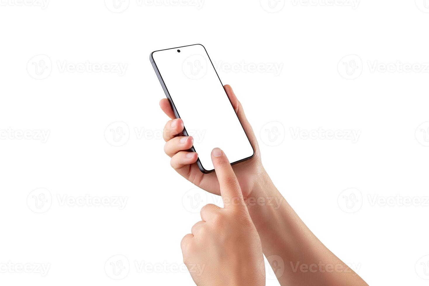 Hands using smartphone with blank screen, isolated on white, ideal for app mockups, UI previews, or interactive mobile interface design photo