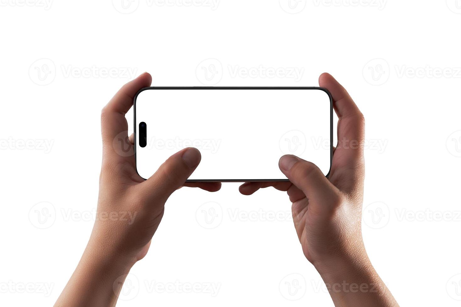 Horizontal smartphone held with both hands, blank screen mockup great for , game UI previews, or landscape app presentations photo