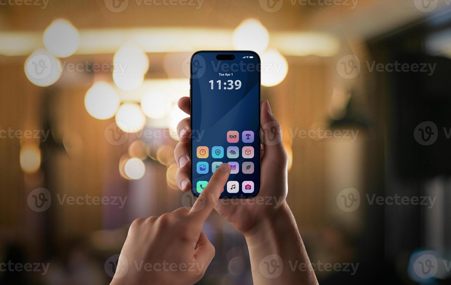 Modern smartphone app interface tapped in vibrant nightlife setting, showcasing intuitive user interaction with mobile UI. photo
