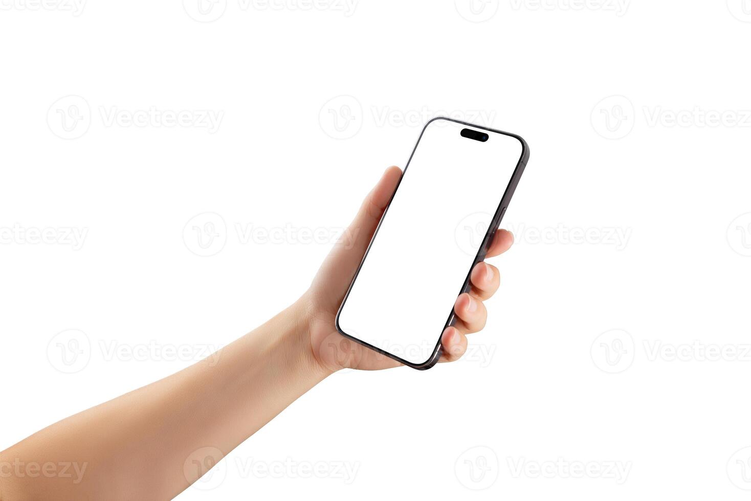 Isolated smartphone in hand with blank display, suitable for showcasing responsive layouts, tech branding, or mobile application concepts photo