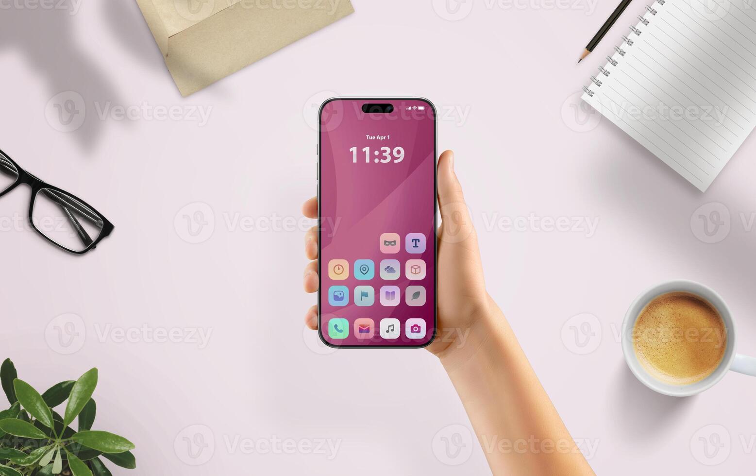 Pastel mobile UI in cozy desk environment promotes personal productivity and intuitive smartphone app usage photo