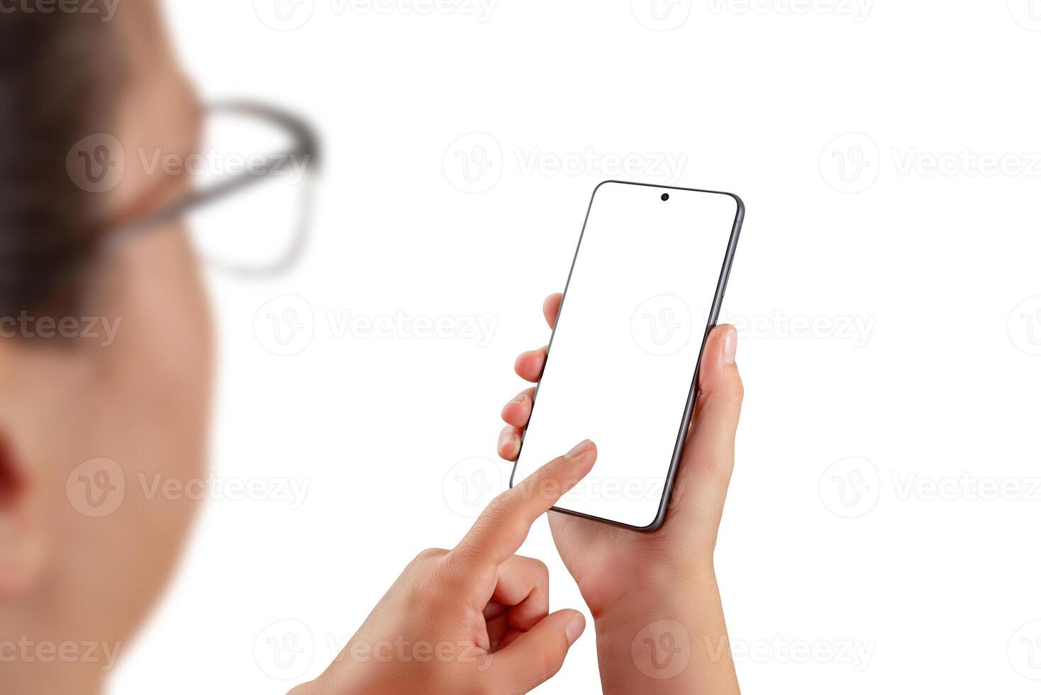 Woman interacting with smartphone, blank screen ideal for app mockups, user interface previews, or digital product presentations photo