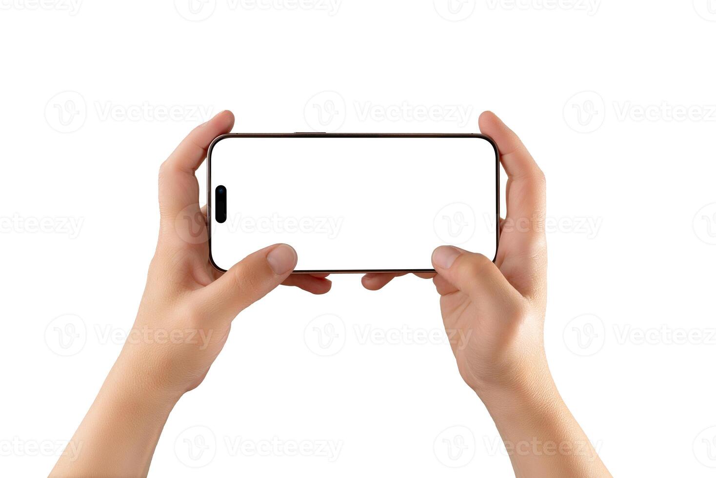 Horizontal phone mockup in hands on white background, ideal for app demonstrations, fullscreen content, or responsive layout designs photo
