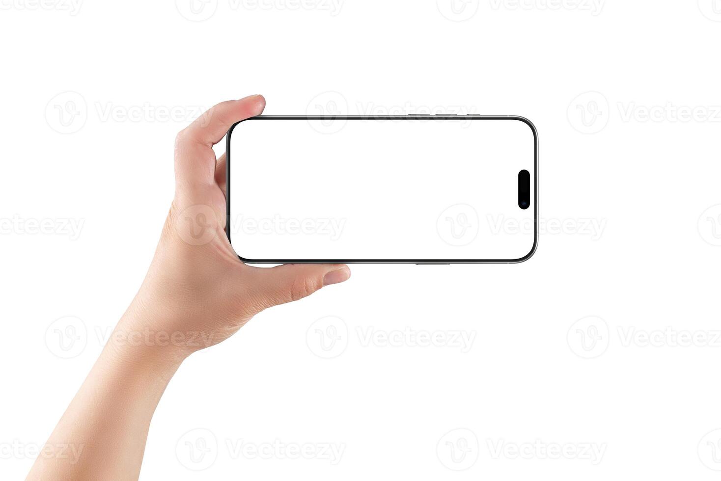 Female hand holding smartphone in landscape orientation, perfect for fullscreen app mockups, previews, or UI demonstrations photo
