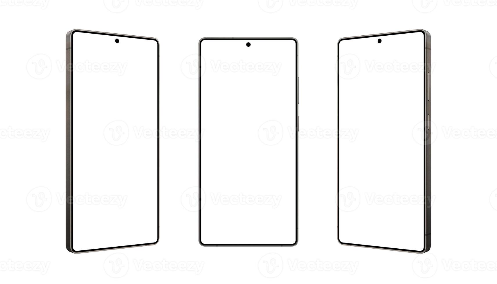 Three smartphones with silver frame and flat-edge design. Blank white screens ready for professional app mockups, UI showcases, or digital branding photo