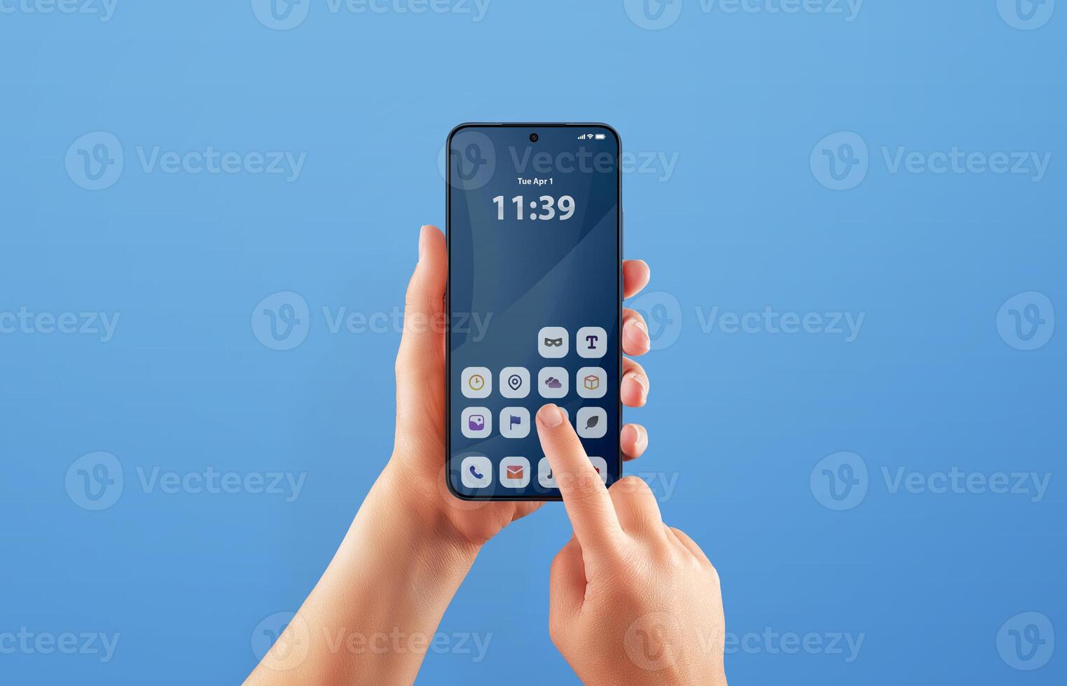 Blue screen smartphone interface with user tapping an icon, symbolizing app access and intuitive touch interaction photo