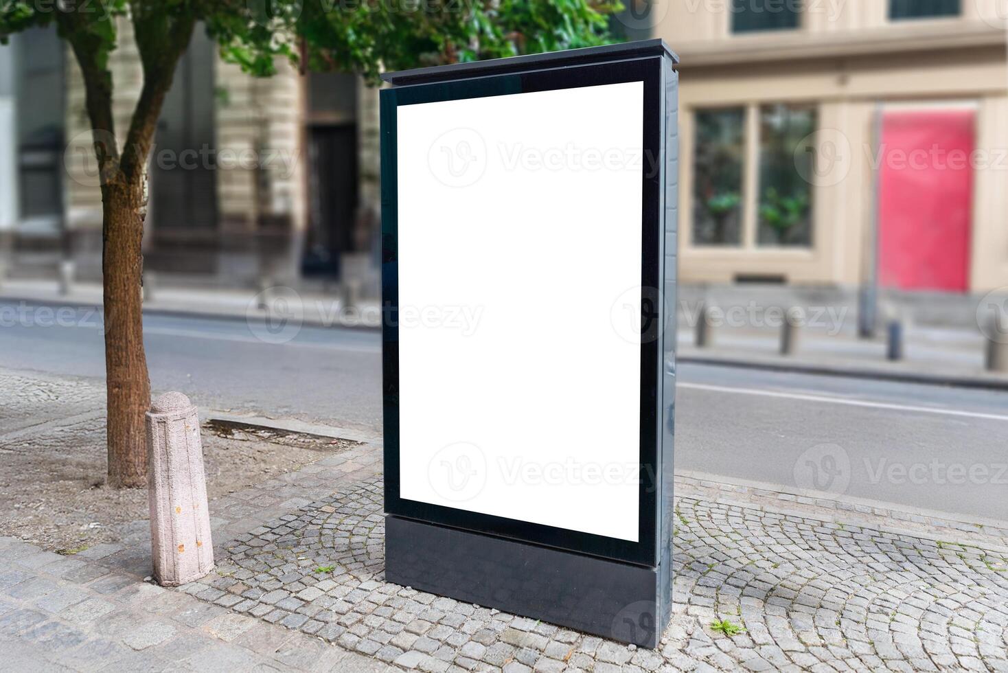 Empty citylight poster on pedestrian street, perfect for commercial campaigns, street marketing or clean outdoor mockup display designs photo