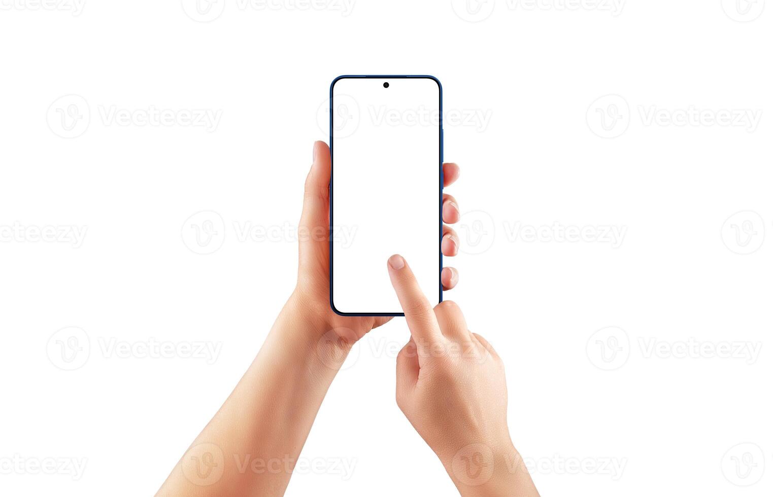Isolated female hands holding and tapping smartphone with blank screen. Ideal for mobile app mockup, UX design, or UI preview photo