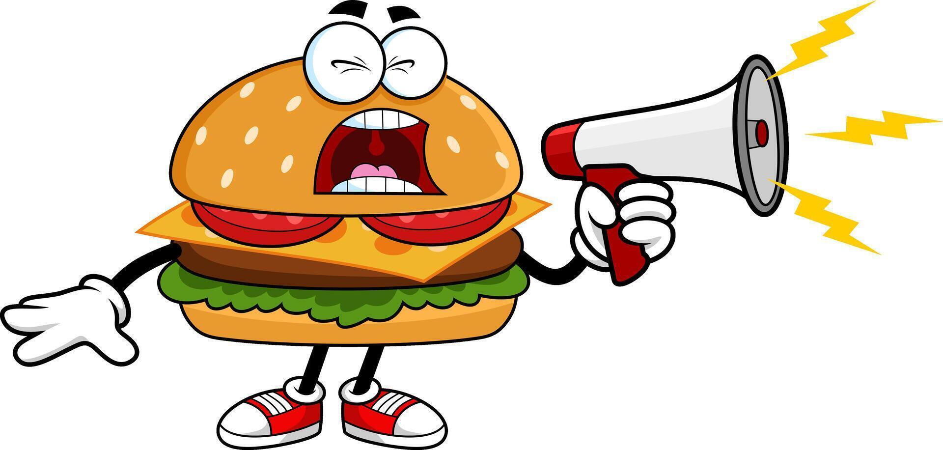 Cartoon Burger Mascot Screaming Loudly Into Red Megaphone vector