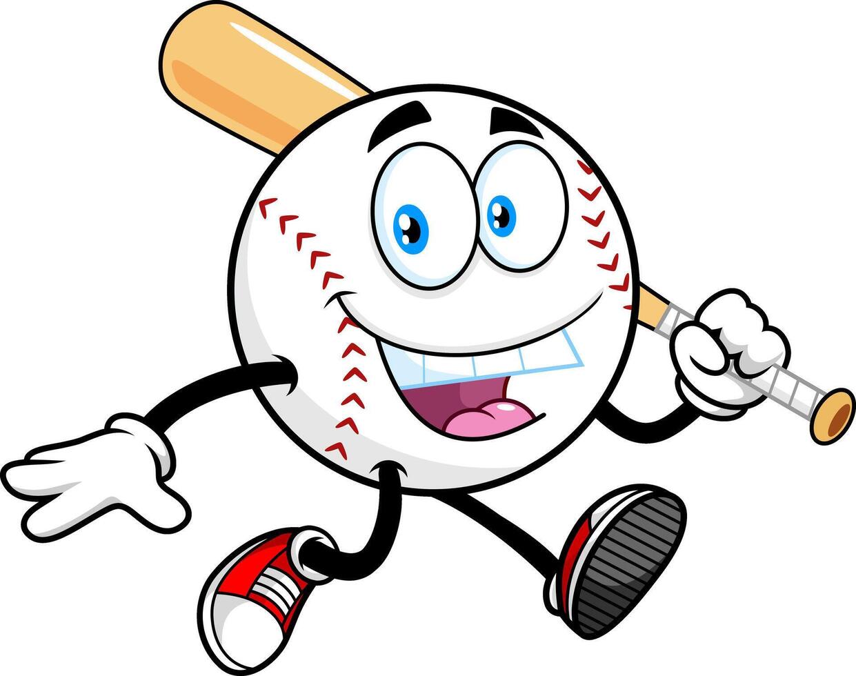 Cartoon Baseball Character Running With Bat And Big Smile vector