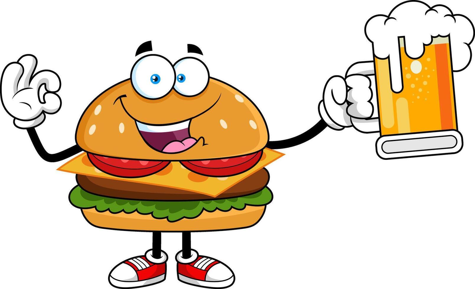Happy Burger Cartoon Character Holding Beer Mug And Showing OK Hand Sign vector