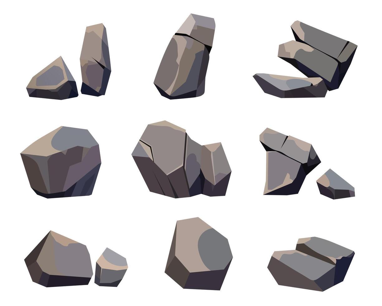 An assortment of cartoon-style gray rocks and stones are isolated on a white backdrop. The image provides rock and stone graphics for design and decoration projects. vector