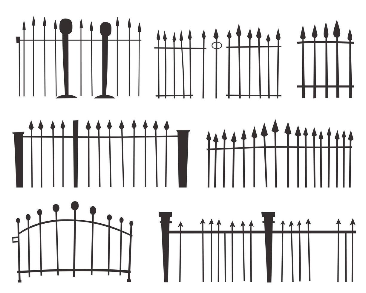 This image shows a collection of various wrought iron fence designs in black silhouette against a white background. The fences have a variety of styles and decorations. vector