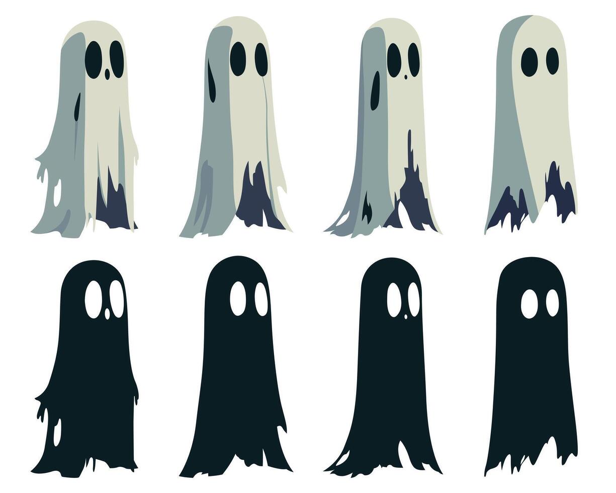 A set of eight cartoon ghosts. Four are white and somewhat transparent. Four are dark and silhouetted. The ghosts have rounded bodies, simple black eyes and mouths. vector