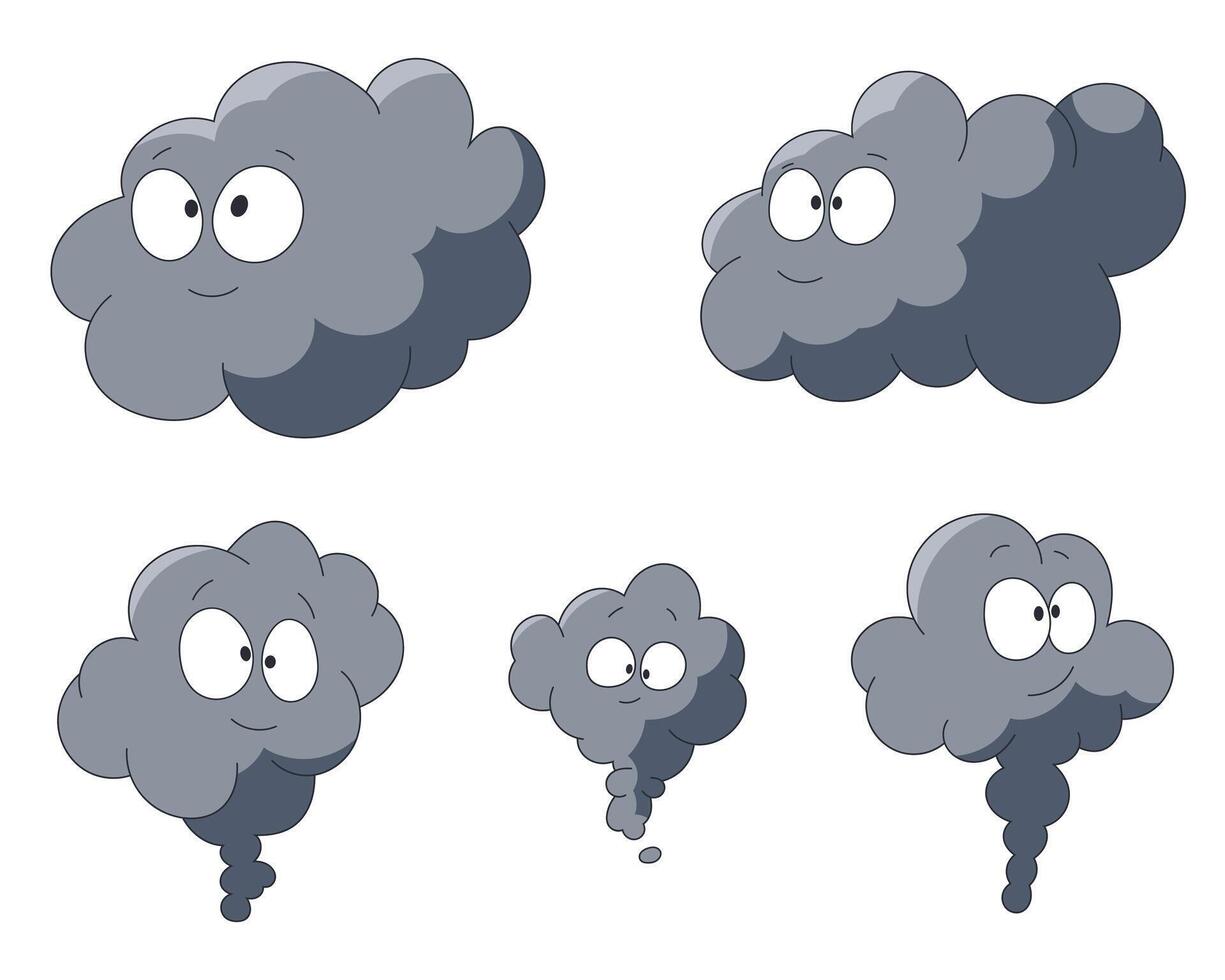 A collection of cartoon-style grey clouds with whimsical expressions featuring big eyes and small smiles, some with exhaust tails, against a white background. vector