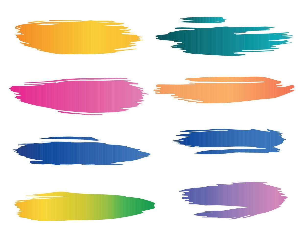 A set of eight brushstroke designs in various colors, showing smooth gradients, set against a clean, white backdrop. The strokes offer a dynamic and abstract aesthetic. vector