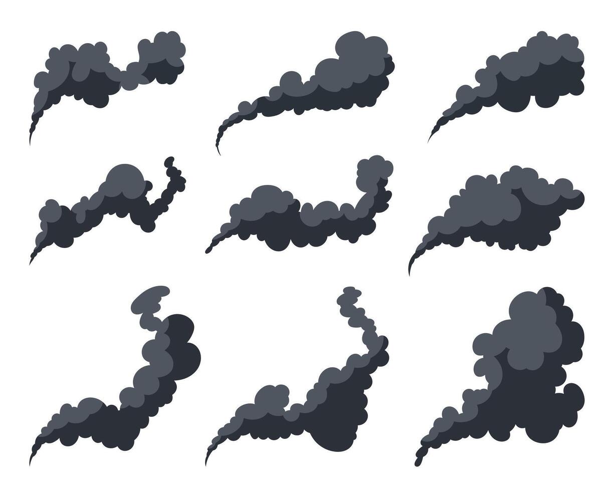 A collection of nine stylized dark gray smoke plumes rising on a clean white backdrop, creating a graphic illustrating pollution, fire, or industrial discharge. vector