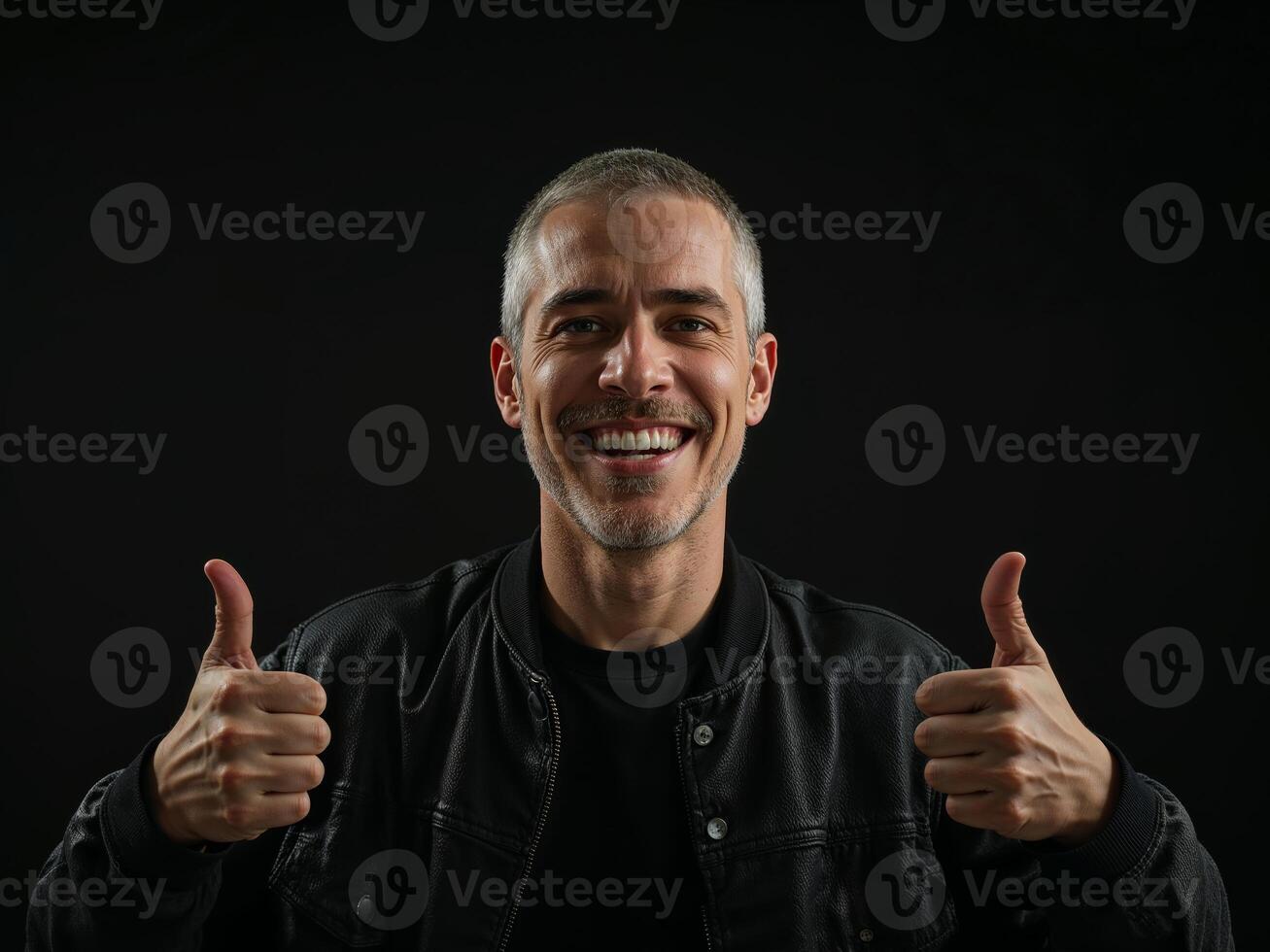 A man in a leather jacket giving the thumbs up photo