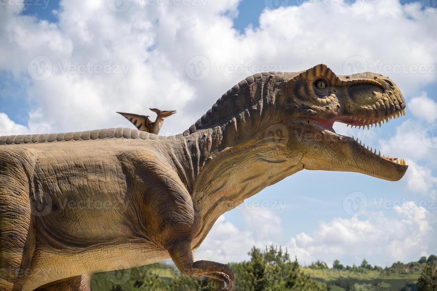 Two dinosaurs. Pterodactyl and tyrannosaurus. The huge dinosaur has its mouth open. Two dinosaurs against the sky and clouds. Copy space photo