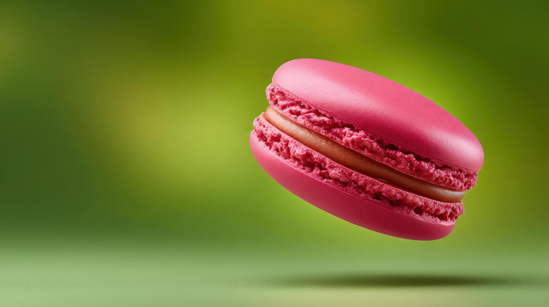 Delicious pink macaroon floating on vibrant green background, copy space photo
