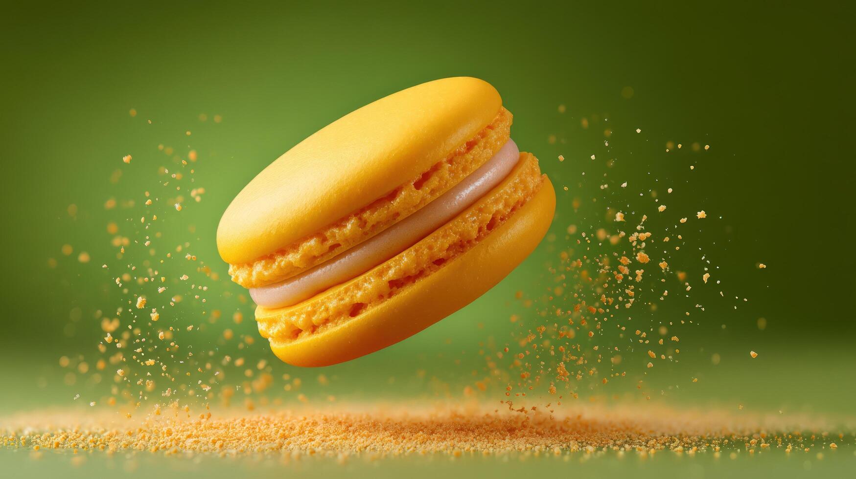 Tasty yellow macaroon floating in air with crumbs exploding on green background photo