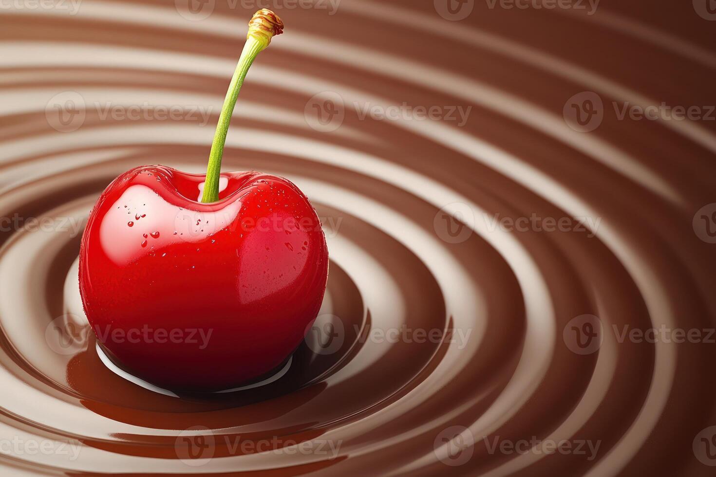 Fresh red cherry with its stem sits atop pool of smooth rippling milk chocolate photo