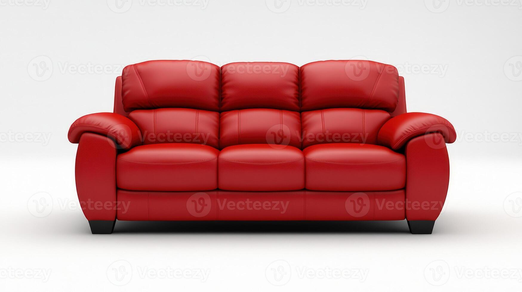 Leather red couch standing in white room, front view photo