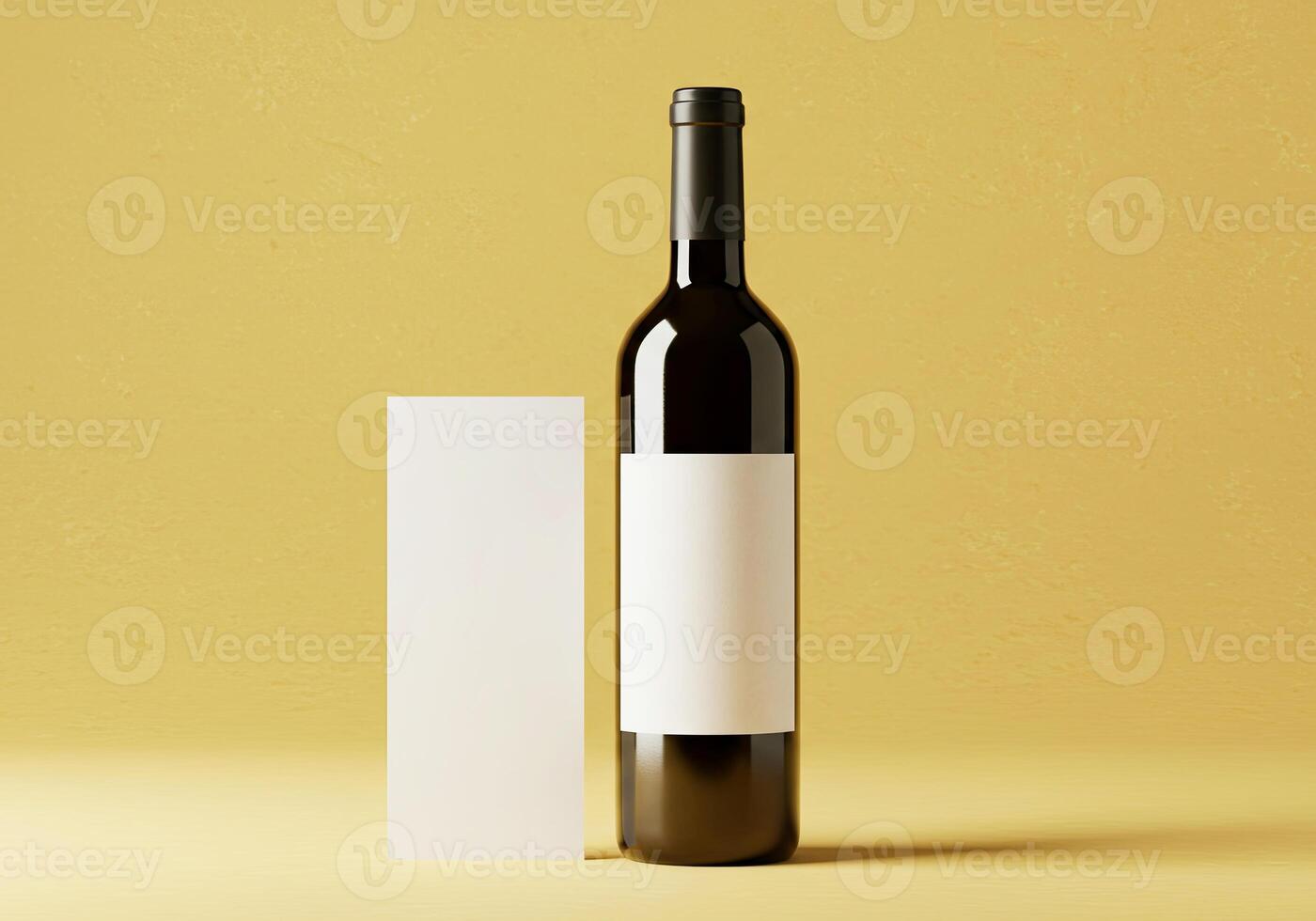 A wine bottle and blank card on a yellow background photo