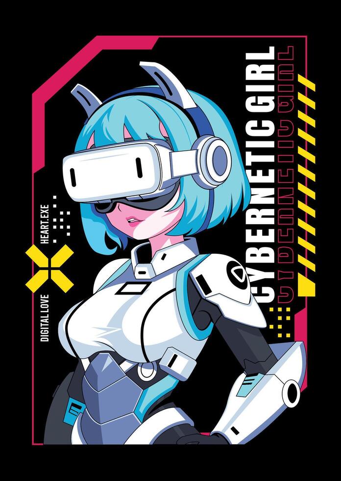 Cybernetic girl with VR headset vector