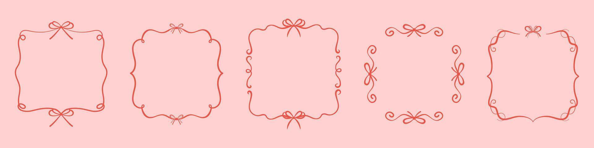 Set of cute hand drawn decorative frames with bows and swirls. Perfect for girly designs, scrapbooking, invitations, and romantic stationery. vector