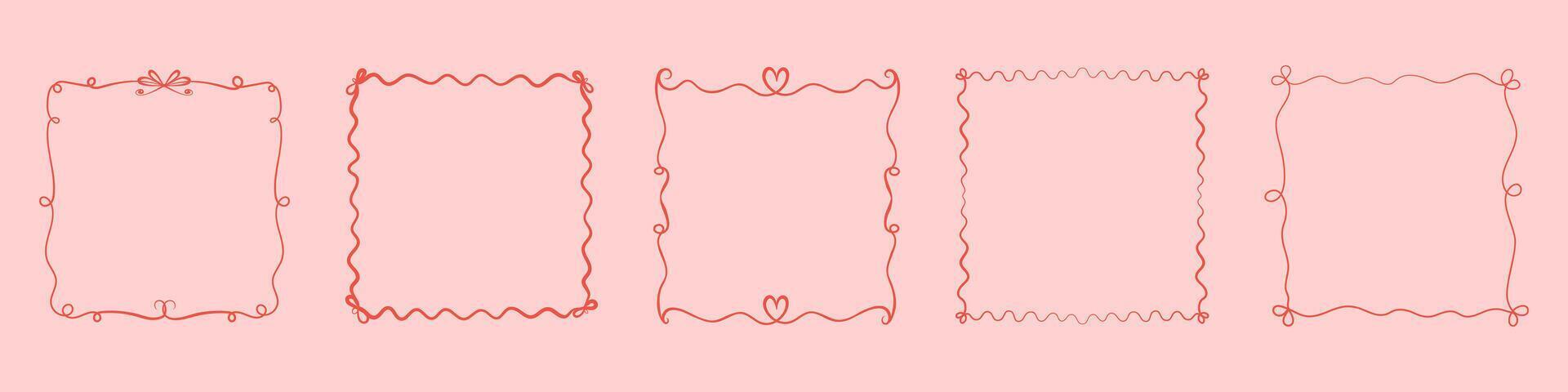 Set of minimal hand drawn curly frames with hearts and decorative lines. Great for cards, romantic design, love notes, and modern scrapbooking. vector