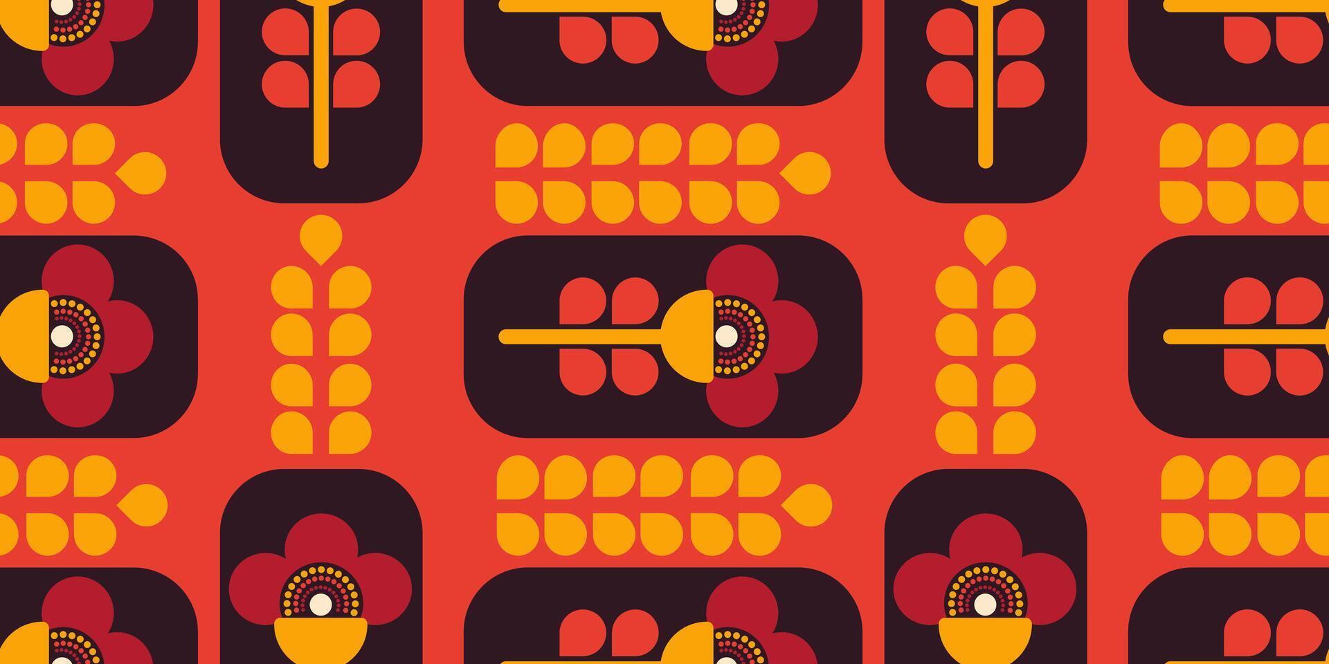 Seamless retro floral pattern with abstract geometric flowers on red background. Seamless texture in scandinavian style. vector