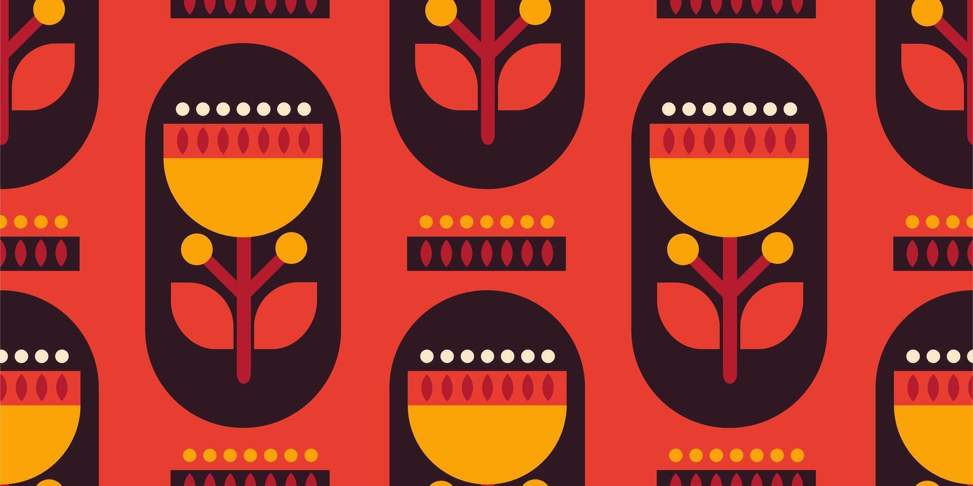 Seamless geometric flower pattern in vintage Scandinavian style on red background. vector
