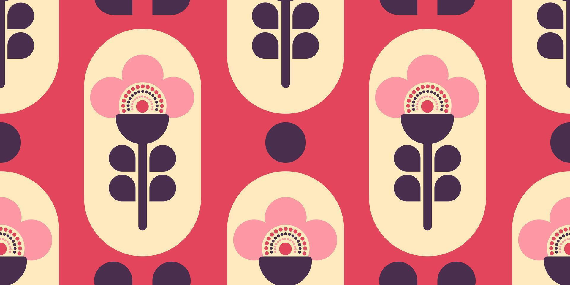 Retro-inspired seamless floral design with abstract flowers in purple, red, and pink. vector