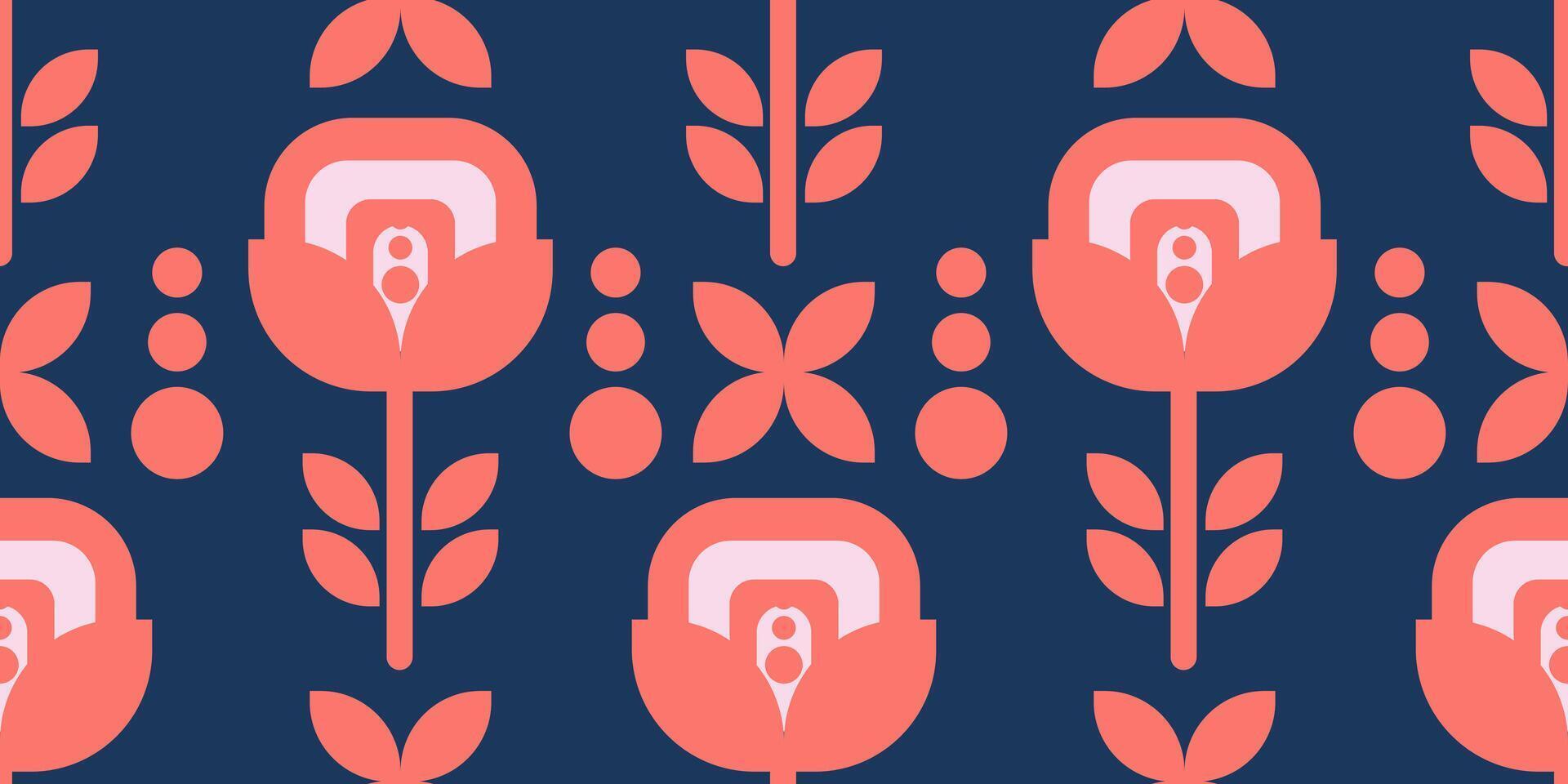 Retro inspired seamless floral design with abstract silhouette flowers in pink colors on blue background vector