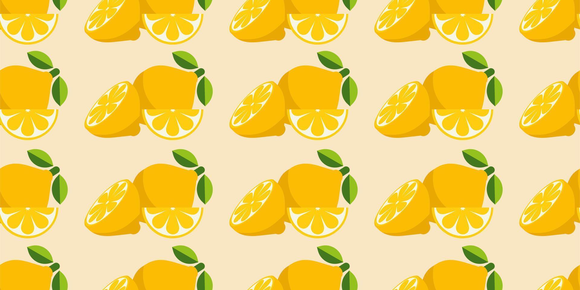 Seamless Pattern with Whole and Sliced Lemons on Light Yellow Background. Perfect For Textiles, Wallpapers, Wrapping paper, and Summer Themed Projects. vector