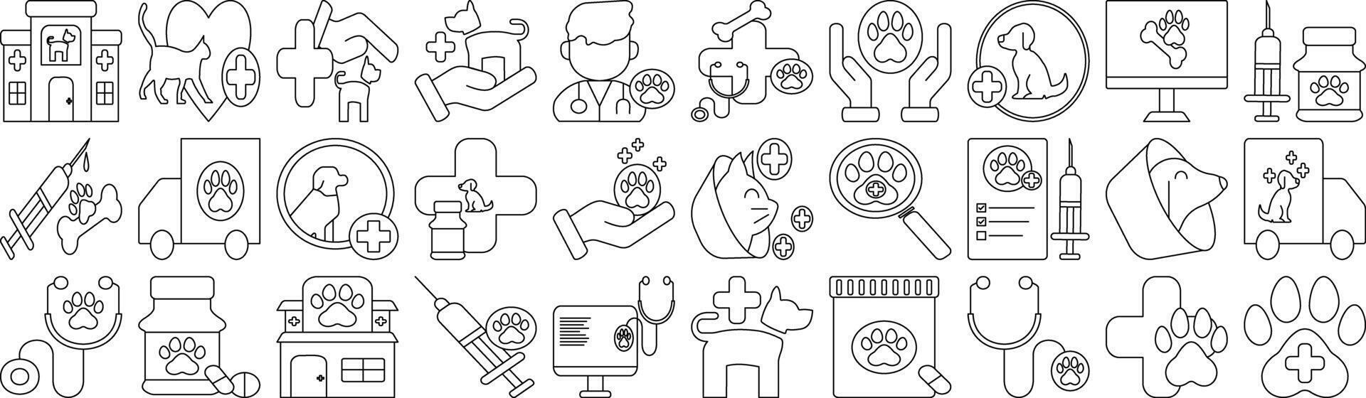 Veterinary icon set. Line icons featuring pet hospital, dog and cat care, stethoscope, syringe, animal medical support, cross sign, and paw. Editable stroke. vector