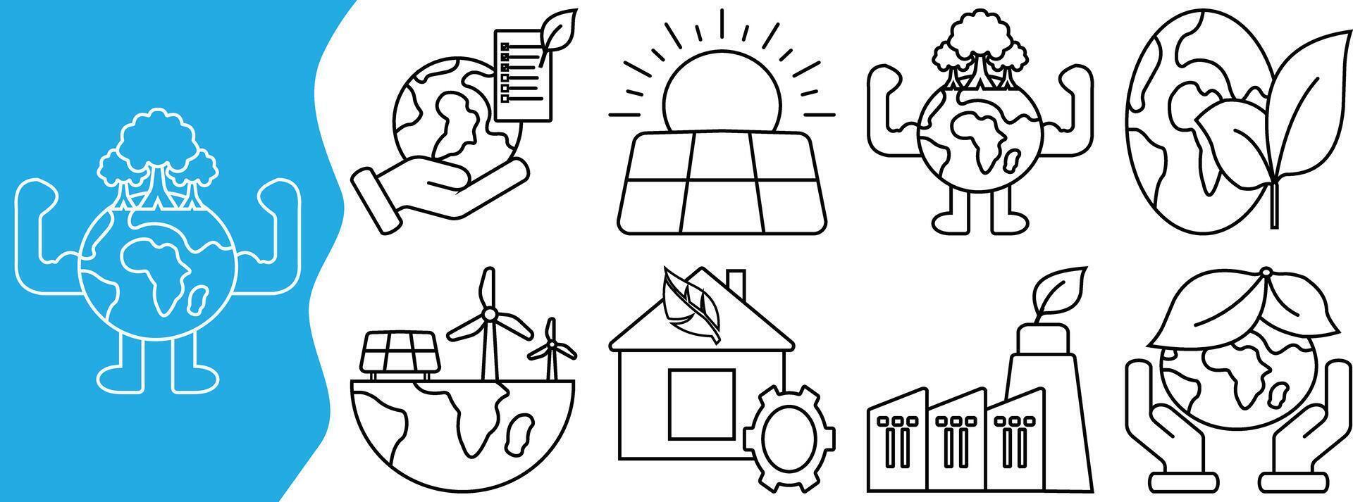 A set of net zero line icons featuring earth, leaf, solar panel, wind turbine, and eco-friendly house. Ideal for climate, sustainability, and green energy concepts. vector