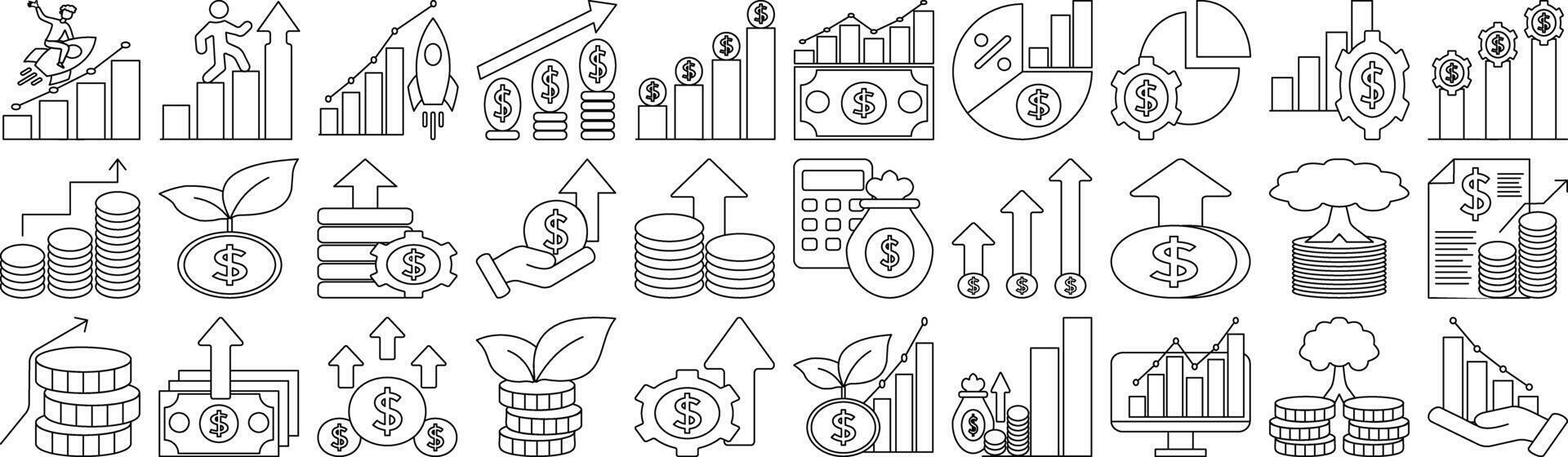 A set of financial profit line icons featuring money growth, coins, charts, arrows, dollar signs, trees, gears, and bar graphs. Ideal for business and finance use. vector
