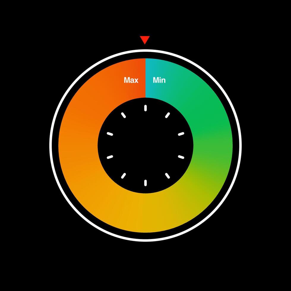 Circular gauge meter with max and min level indicator and colorful gradient range from green to orange. vector