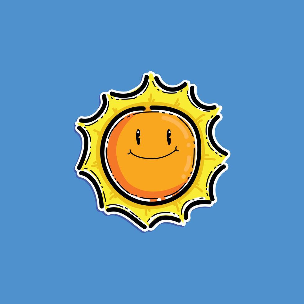 A kawaii cheerful illustration of a smiling sun with a bright orange face, radiating yellow beams, set against a vibrant blue background. vector