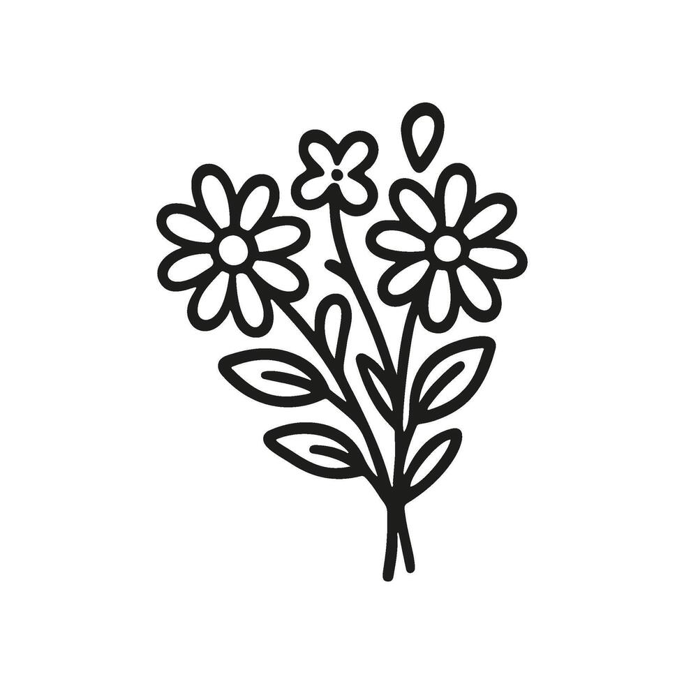 A bouquet of three daisy flowers and leaves are illustrated in a simple, outlined style. It is a hand drawn illustration on a white background vector