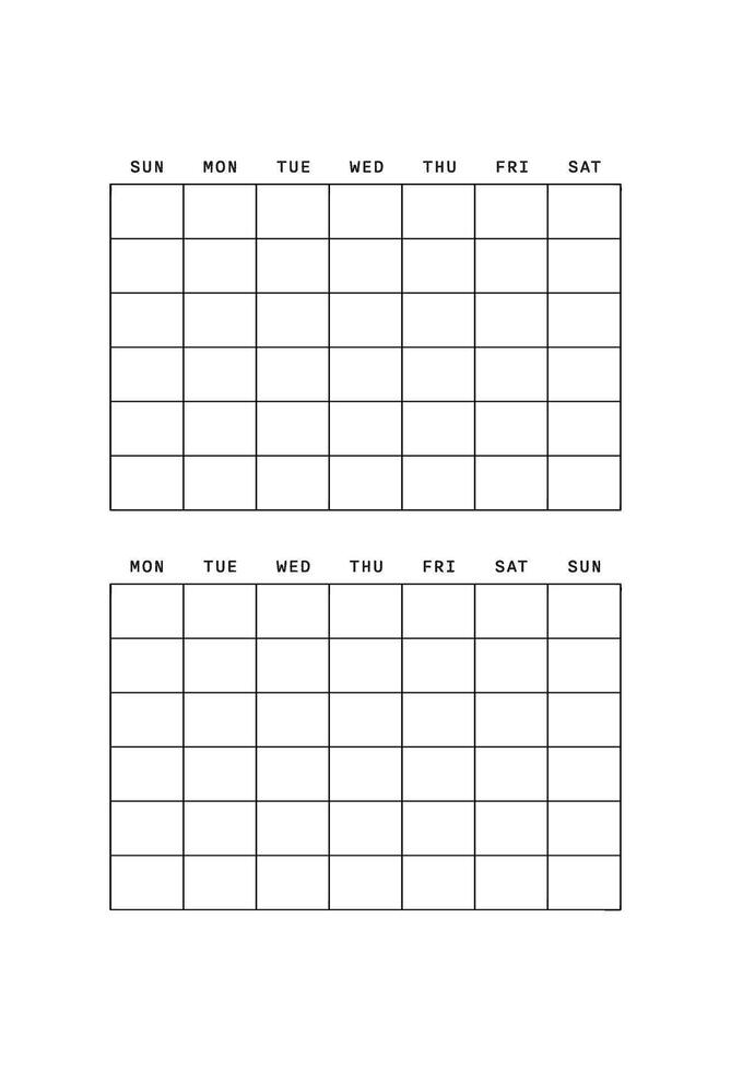 Two weekly calendars are displayed, one begins on Sunday and the other on Monday. Both calendars have blank grids for planning or scheduling vector